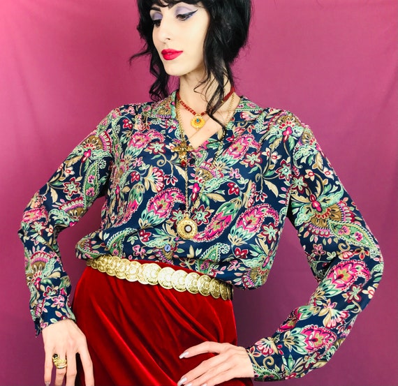 Vintage 90s Colorful Paisley Button Up Blouse - image 1