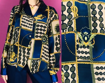 Vintage 80s Gold and Metallic Navy Blue Rope Pattern Blouse