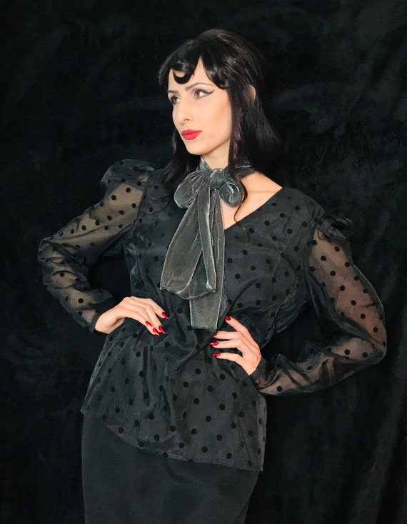 Black Long Sleeved Puffed Shoulder Blouse with Ve… - image 2