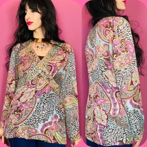 Vintage 90s Colorful Liquid Paisley Print Tunic Blouse with Iridescent Beading size M / L