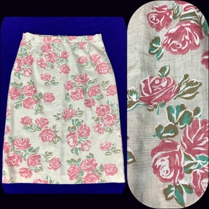 Vintage Pink Rose Linen Straight Skirt size M/L