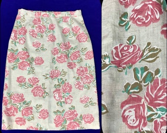 Vintage Pink Rose Linen Straight Skirt size M/L
