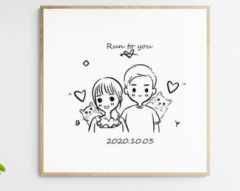 Custom Couple Pet Line Art Portrait, Personalized Anniversary Gift (Digital Art Print), Halloween Gift