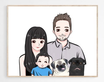 Digital Art. Non-AI Custom Portrait, Cartoon Anime Caricature, Family Personalized Anniversary, back to school, special occasion gift