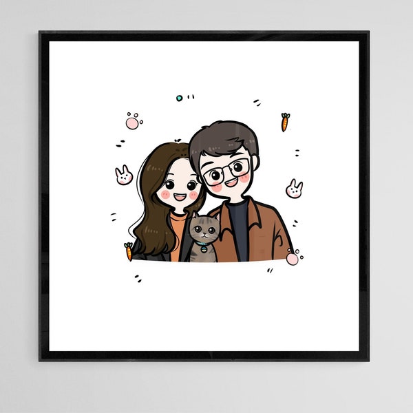 Portrait numérique de couple personnalisé, caricature de dessin animé mignon, famille, cadeau personnalisé/anniversaire/mariage, cadeau fête des mères