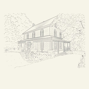 May include: Line drawing of a two-story house with a wraparound porch. The house has multiple windows and a gabled roof. Trees and bushes surround the house, creating a natural setting. The image is in black and white.