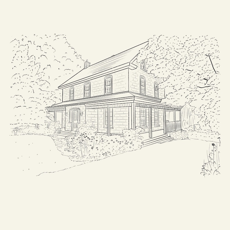 May include: Line drawing of a two-story house with a wraparound porch. The house has multiple windows and a gabled roof. Trees and bushes surround the house, creating a natural setting. The image is in black and white.