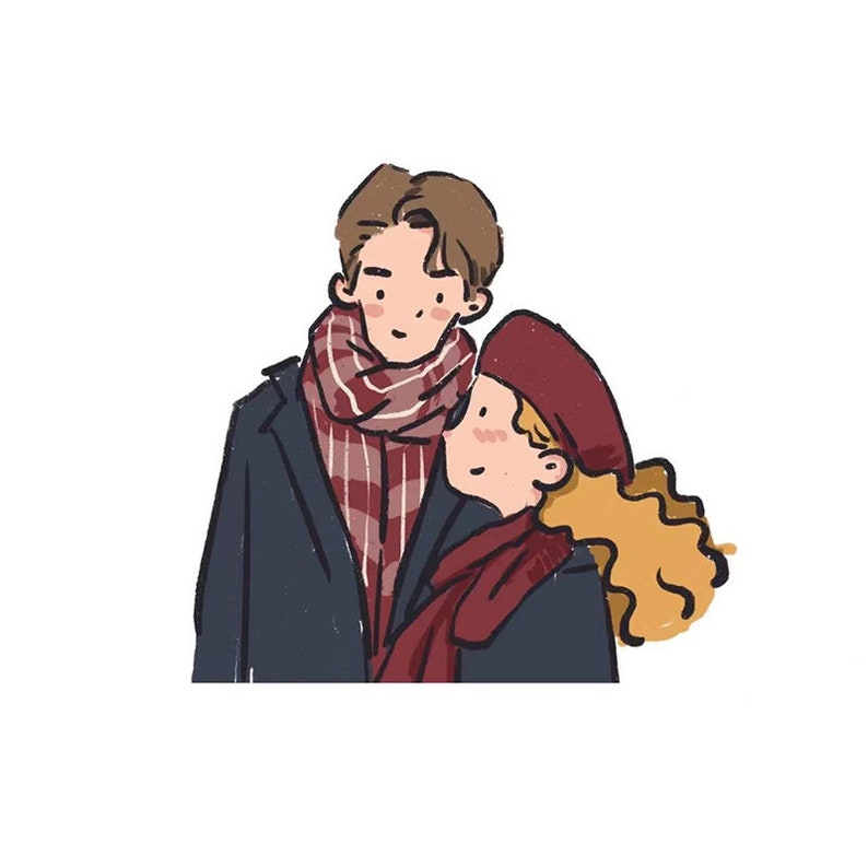 Peut inclure: Une illustration de bande dessin&eacute;e d'un couple portant des v&ecirc;tements d'hiver. L'homme porte une veste bleue et une &eacute;charpe &agrave; carreaux rouge et blanc. La femme porte un b&eacute;ret rouge et une &eacute;charpe rouge. Ils se regardent.