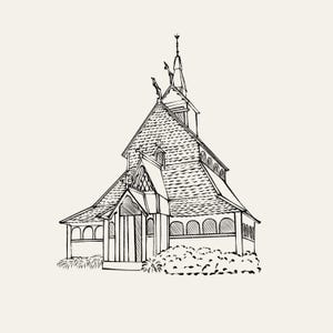 May include: A detailed black and white line drawing of a church with a steeply pitched roof and a tall steeple. The building has intricate architectural details, including arched windows and decorative elements.