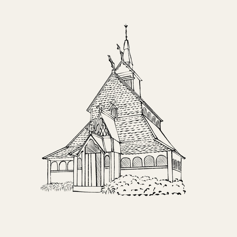 May include: A detailed black and white line drawing of a church with a steeply pitched roof and a tall steeple. The building has intricate architectural details, including arched windows and decorative elements.