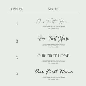 May include: An image with the text "OPTIONS" and "STYLES" at the top. Below are four design options for "Our First Home", each with the address "1328 Loverslane, New York" and the date "14th, February, 2024".