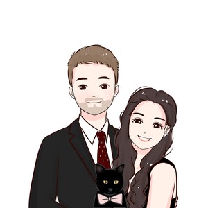 Puede incluir: Una ilustraci&oacute;n de dibujos animados de una pareja con un gato negro. El hombre lleva un traje negro con una corbata roja. La mujer lleva un vestido negro. El gato lleva una pajarita negra.
