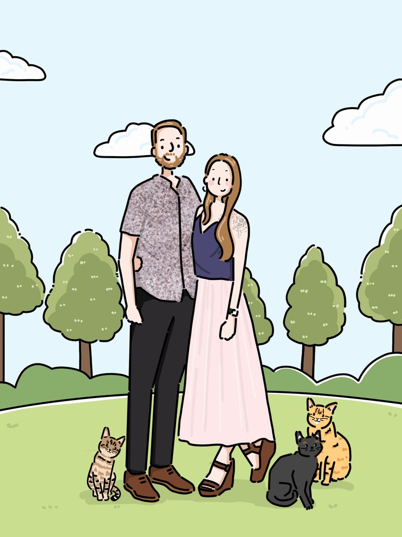 Digital Custom Family Portrait, Cute Couple Portrait Drawing, Couple gift, Custom illustration, Mother's Day Gift Background
