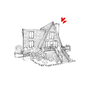 May include: Line drawing of a house with an A-frame roof, chimney, and a small deck. The house has multiple windows and is surrounded by landscaping. Two red hearts are drawn above the chimney.