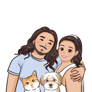 Puede incluir: Una ilustraci&oacute;n de dibujos animados de una pareja con cabello largo y oscuro, un gato y un perro. El hombre lleva una camiseta azul claro y la mujer lleva un vestido blanco sin mangas. El gato es naranja y blanco y el perro es blanco con manchas marrones.