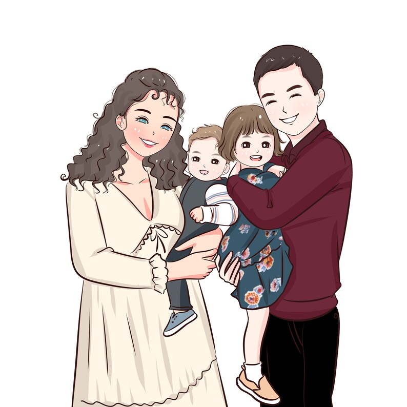 Puede incluir: Una familia de cuatro, una mujer con un vestido blanco, un hombre con un su&eacute;ter granate y dos ni&ntilde;os, uno con un vestido azul y el otro con una camisa azul y blanca, sonr&iacute;en y miran a la c&aacute;mara.