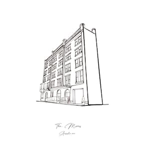 May include: Line drawing of a multi-story building with numerous windows and architectural details. The building is drawn in black ink on a white background. The text "The Morris" and "Augusta 2019" are written below the building.