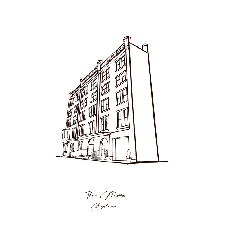May include: Line drawing of a multi-story building with numerous windows and architectural details. The building is drawn in black ink on a white background. The text "The Morris" and "Augusta 2019" are written below the building.