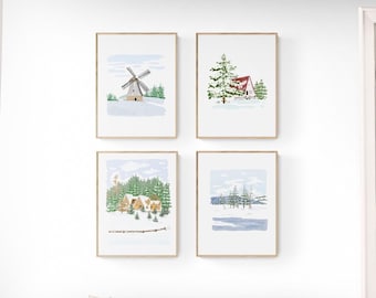 Winter Watercolor Prints Set, Hand Drawn Snowy Landscape Art (Digital Download)