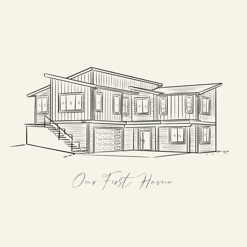 May include: A black and white line drawing of a two-story house with a garage, windows, and a staircase. The text "Our First Home" is written in cursive below the house.