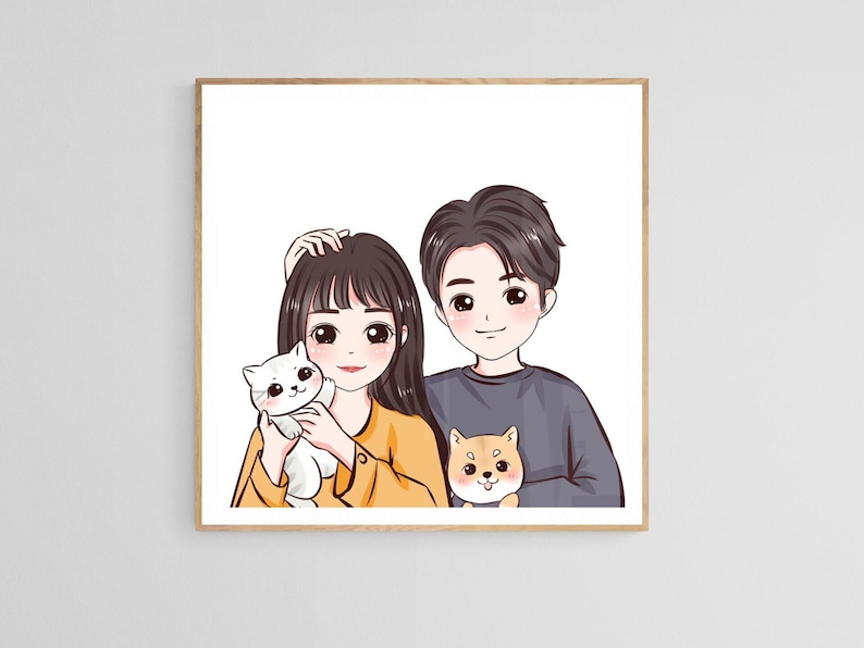Puede incluir: Una ilustraci&oacute;n de dibujos animados de una pareja con sus dos mascotas. La mujer lleva un su&eacute;ter amarillo y sostiene un gato blanco. El hombre lleva un su&eacute;ter azul y sostiene un perro marr&oacute;n y blanco.