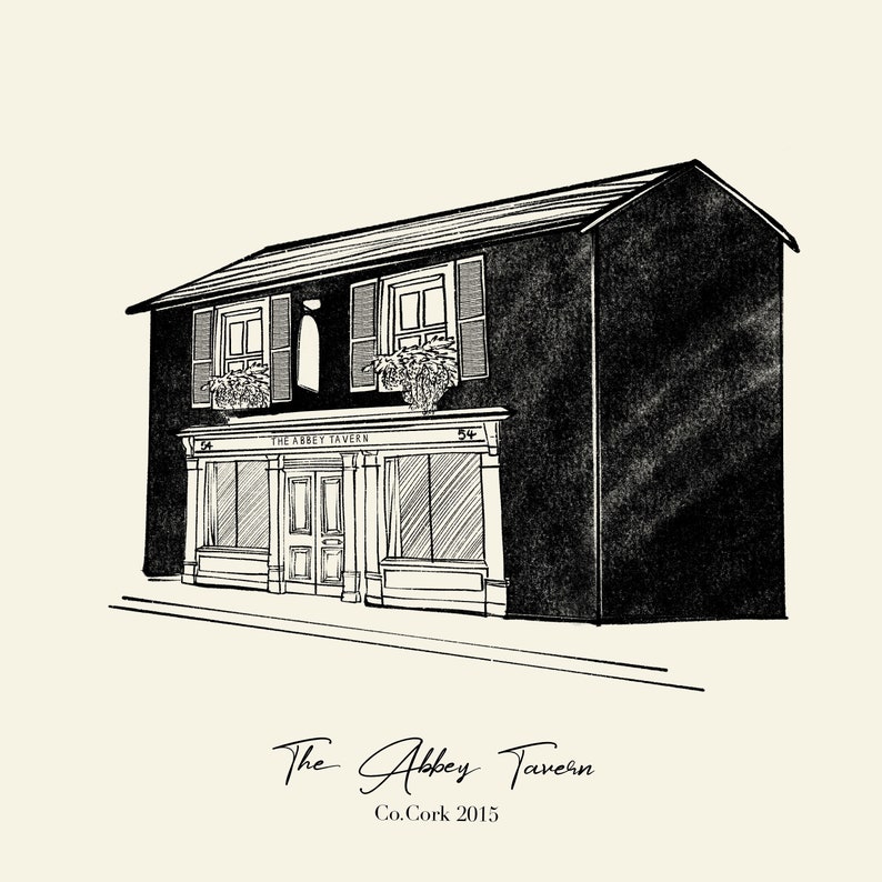 May include: Black and white pen and ink illustration of The Abbey Tavern, a two-story building with a pitched roof. The building has windows with shutters and flower boxes. The text "The Abbey Tavern" and "Co. Cork 2015" are at the bottom.