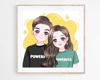 Digital Hand-drawn Custom Couple Portrait, Anime Caricature, Pet Family Portrait, Personalized Anniversary Wedding, Graduation gift