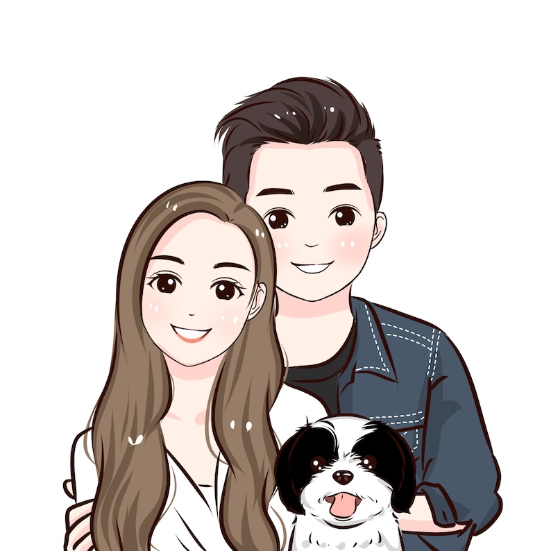 Puede incluir: Una ilustraci&oacute;n de dibujos animados de una pareja con un perro peque&ntilde;o. La mujer tiene el pelo largo y casta&ntilde;o y lleva una camisa blanca. El hombre tiene el pelo corto y negro y lleva una chaqueta vaquera azul. El perro es blanco y negro y est&aacute; sentado delante de la pareja.