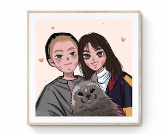 Digital Hand-drawn Wednesday Addams Style Couple Portrait, Personalized Gift, Custom Caricature, Personalized Gift, Halloween Gift