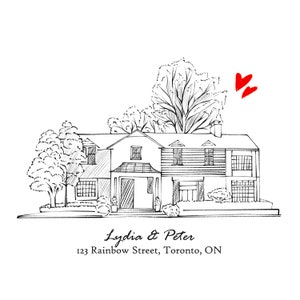 May include: Black and white line drawing of a house with trees and the names "Lydia & Peter" and address "123 Rainbow Street, Toronto, ON". Two red hearts are in the upper right corner.