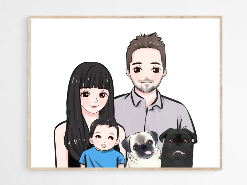 Puede incluir: Una ilustraci&oacute;n digital de un retrato familiar con dos adultos y un ni&ntilde;o. Los adultos tienen el pelo negro y los ojos marrones. El ni&ntilde;o tiene el pelo casta&ntilde;o y los ojos marrones. La familia est&aacute; de pie frente a un fondo blanco. Hay dos carlinos negros y blancos en la imagen.