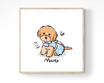 Peut inclure: Illustration encadrée d'un chien de dessin animé nommé Maisy. Le chien est brun clair et porte une robe bleue ornée de fleurs blanches. Un os et un cœur sont dessinés à côté du chien. Le cadre est en bois clair.