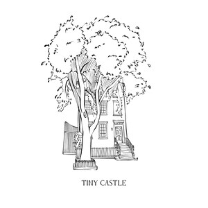 May include: Black and white line drawing of a house with a tree in front. The house has multiple windows and a front door with steps. The text "TINY CASTLE" is below the house.