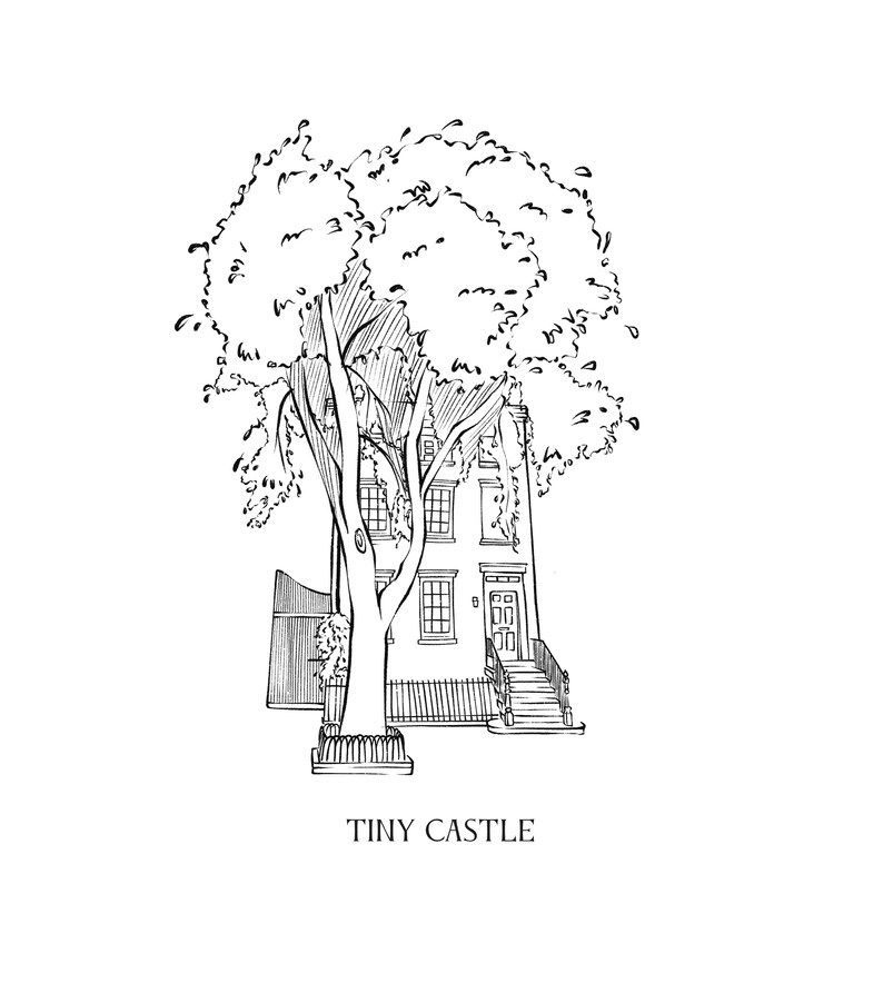 May include: Black and white line drawing of a house with a tree in front. The house has multiple windows and a front door with steps. The text "TINY CASTLE" is below the house.