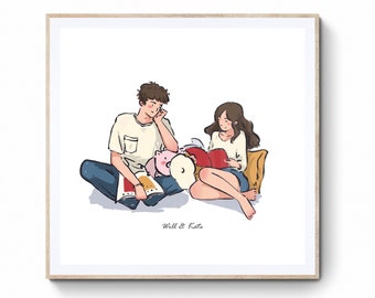 Portrait numérique de couple personnalisé, caricature de dessin animé mignon, famille, cadeau personnalisé/anniversaire/mariage, cadeau fête des mères