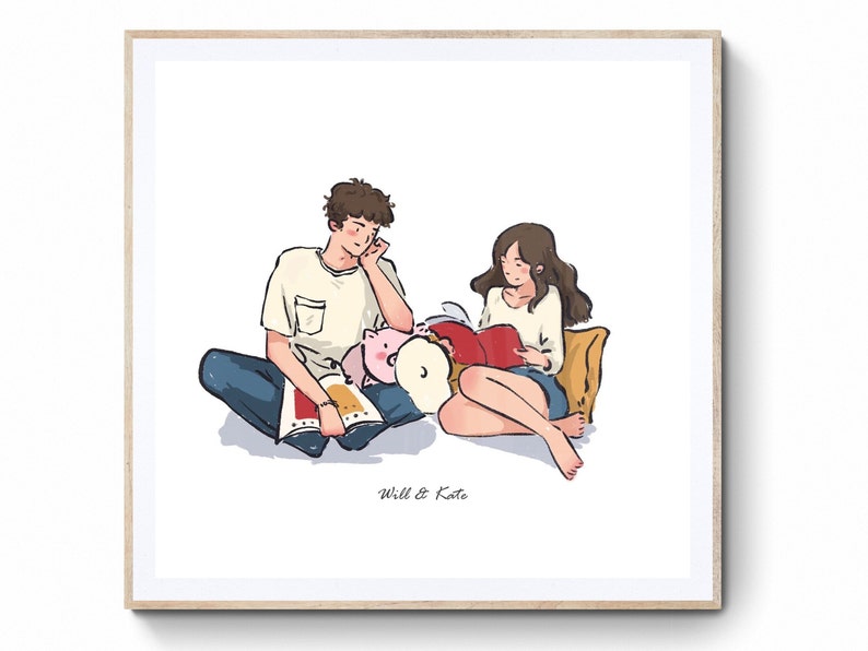 Peut inclure: Illustration num&eacute;rique d'un couple assis sur le sol en train de lire des livres. L'homme porte une chemise jaune clair et un jean bleu. La femme porte une chemise blanche et une jupe bleue. Ils sourient tous les deux et semblent appr&eacute;cier la compagnie l'un de l'autre. Le texte "Will & Kate" est &eacute;crit en bas de l'image.