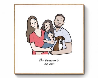 Portrait de famille numérique personnalisé, dessin de portrait de couple mignon, cadeau de couple, illustration personnalisée, cadeau de fête des mères