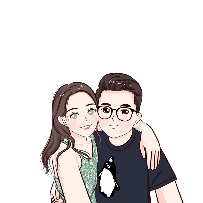 Puede incluir: Una ilustraci&oacute;n de dibujos animados de una pareja, una mujer con cabello largo y casta&ntilde;o que lleva una blusa verde brillante y un hombre con cabello casta&ntilde;o corto que lleva una camiseta negra con un gr&aacute;fico de ping&uuml;ino blanco.