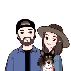 Puede incluir: Una ilustraci&oacute;n de dibujos animados de una pareja con un perro. El hombre lleva una camisa vaquera azul y una gorra de b&eacute;isbol negra. La mujer lleva una camisa vaquera azul y un sombrero marr&oacute;n. El perro es negro y marr&oacute;n y lleva un collar rosa.
