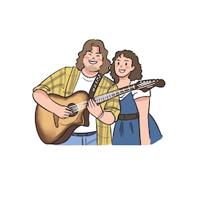 Peut inclure: Un homme et une femme jouent de la guitare acoustique brune. L'homme porte une chemise &agrave; carreaux jaunes et la femme porte une robe bleue.