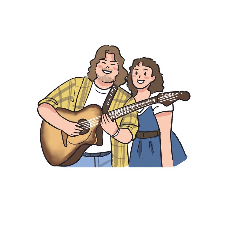 Peut inclure: Un homme et une femme jouent de la guitare acoustique brune. L'homme porte une chemise &agrave; carreaux jaunes et la femme porte une robe bleue.