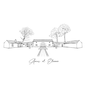 May include: A black and white line drawing of a building complex with a central structure and flanking wings. A pathway leads to the entrance, and trees and foliage are depicted. The text "Ana&iuml;s et &Eacute;tienne" is written below the building.