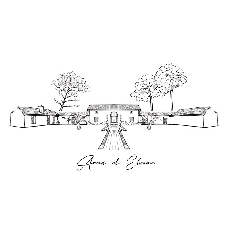 May include: A black and white line drawing of a building complex with a central structure and flanking wings. A pathway leads to the entrance, and trees and foliage are depicted. The text "Ana&iuml;s et &Eacute;tienne" is written below the building.