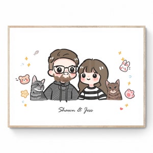 Digital Custom Couple Portrait, Cute Chibi Cartoon Anime Caricature, Family, Personalized/Anniversary/Wedding Gift, Mother's Day Gift