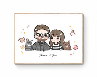 Digital Custom Couple Portrait, Cute Chibi Cartoon Anime Caricature, Family, Personalized/Anniversary/Wedding Gift, Father's Day gift