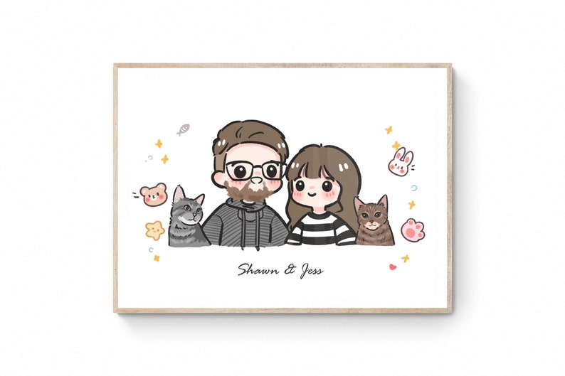 Digital Custom Couple Portrait, Cute Chibi Cartoon Anime Caricature, Family, Personalized/Anniversary/Wedding Gift, Mother's Day Gift image 1