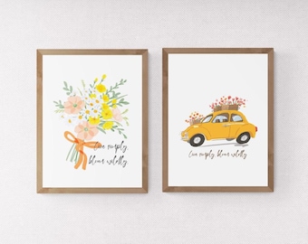 Hand Drawn Flower Bouquet Prints Set, Girly Pink Dorm Decor (Digital Download) Halloween, Thanksgiving Gift