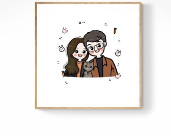 Digital Hand-drawn Custom Couple Portrait, Cute Cartoon Anime Caricature, Family Portrait, Anniversary, Wedding, Mother's Day Gift