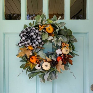 Fall Wreath with buffalo check bow Autumn Wreath Fall Wreath 16 Inches