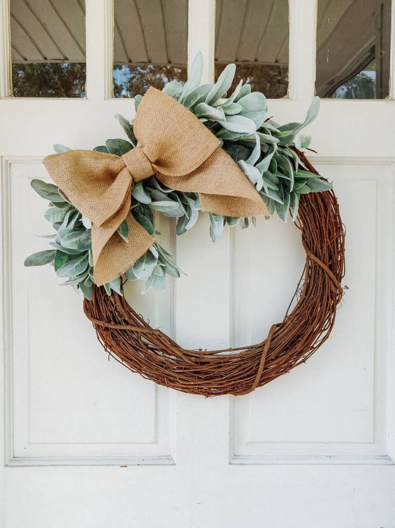 Farmhouse Lambs Ear Wreath With Burlap Bow Etsy
